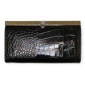 NWOT Patent Vegan Leather Wallet Clutch Black Crocodile Polished Silver